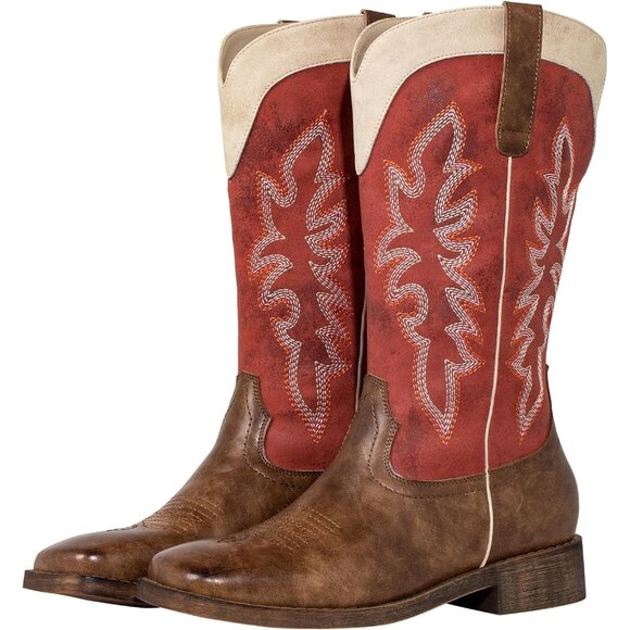 SheSole Womens Red Cowboy Square Toe Cowgirl Wide Calf Western Boots - Picture 1 of 9